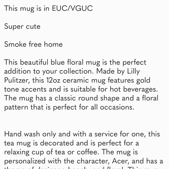 Lilly Pulitzer 12oz Ceramic Blue Floral Coffee Tea Mug Cup Gold Tone Accents - Picture 8 of 10